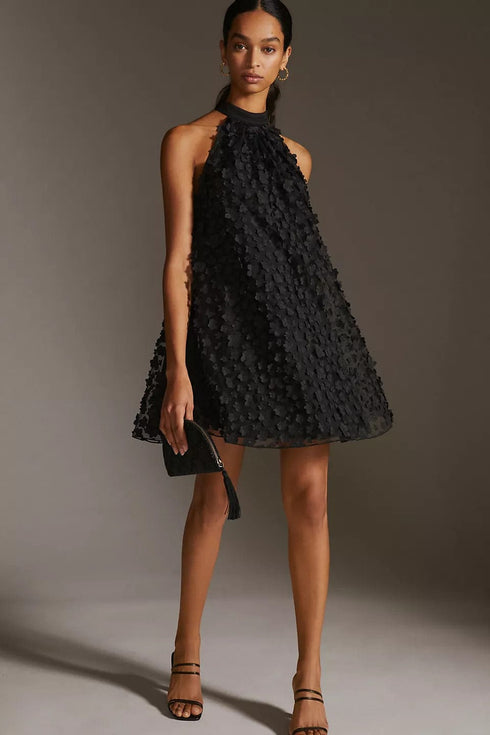 Halter Swing Mini Dress - Black Petal